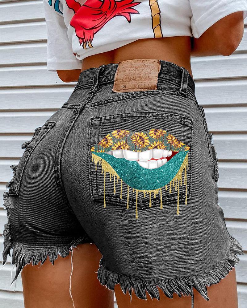 

Sunflower Lip Print Ripped Fringe Denim Shorts, Black