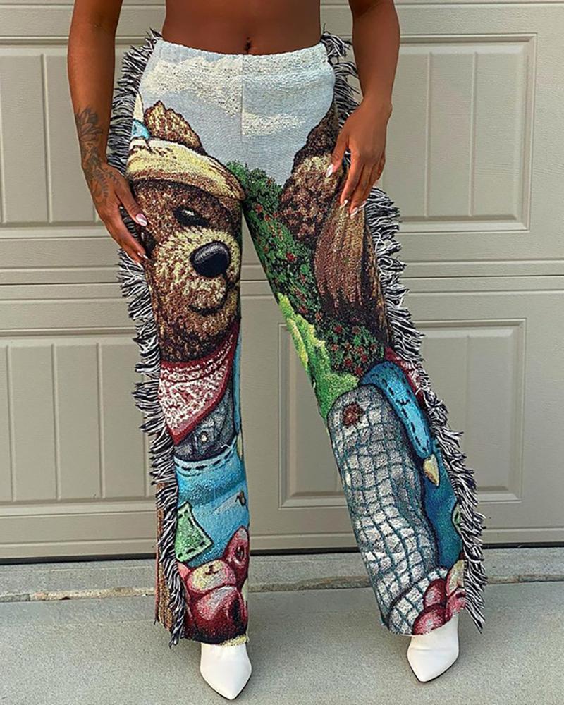 

Graphic Print Fringe Detail High Waist Pants, Green