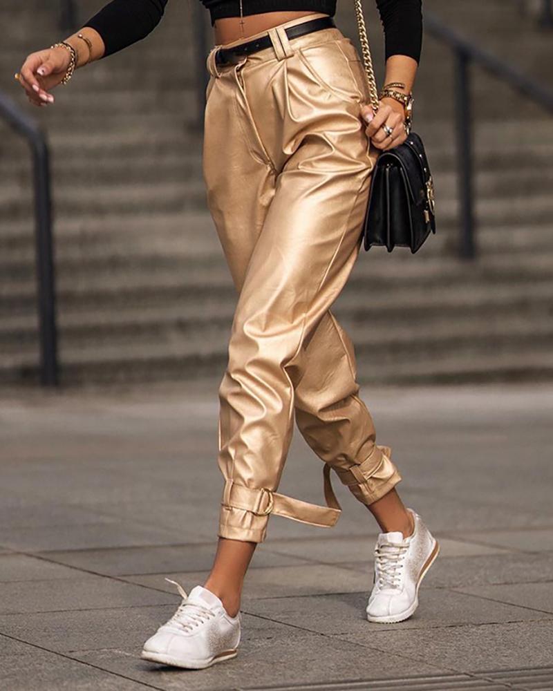 

High Waist Pocket Tie Detail PU Leather Pants, Gold