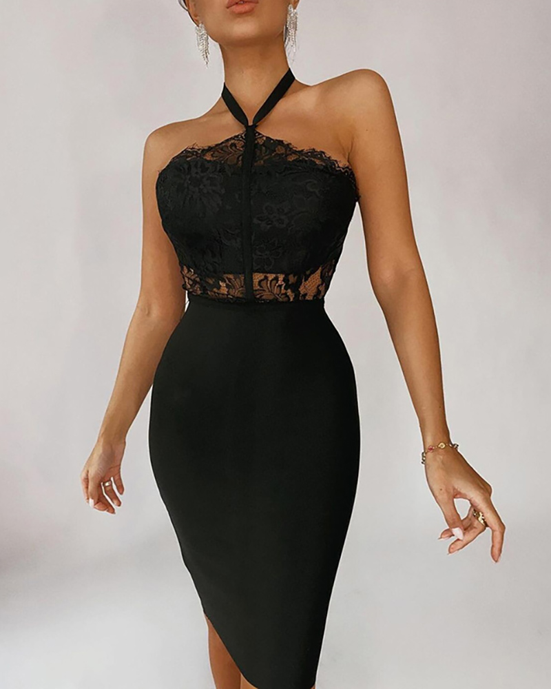 

Halter Crochet Lace Patch Bodycon Dress, Black