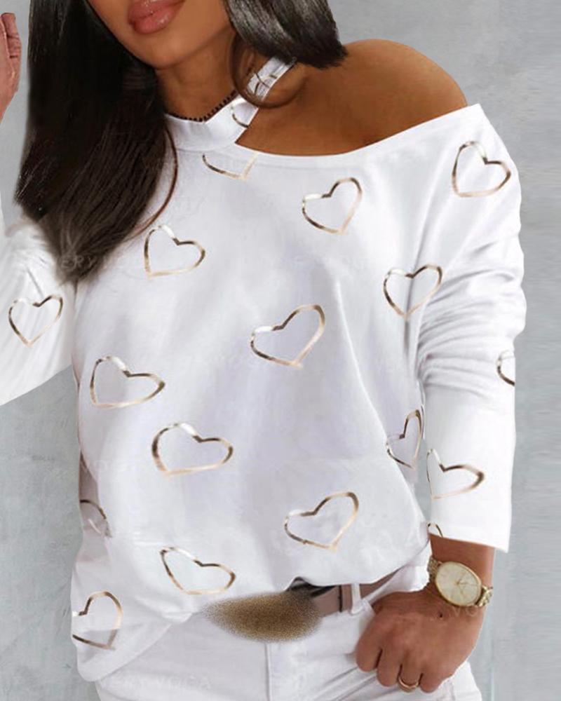 

Plus Size Heart Print Cold Shoulder Top, White
