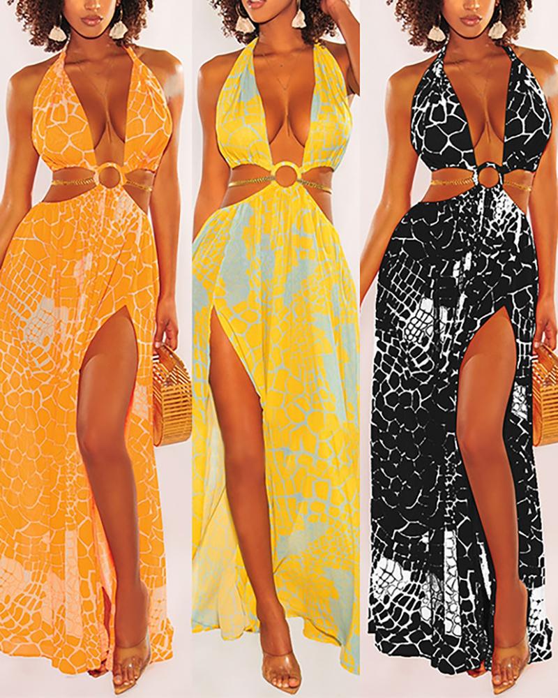 

Tie Dye Strap Sleeveless Cut-out Slit Long Dress, Yellow