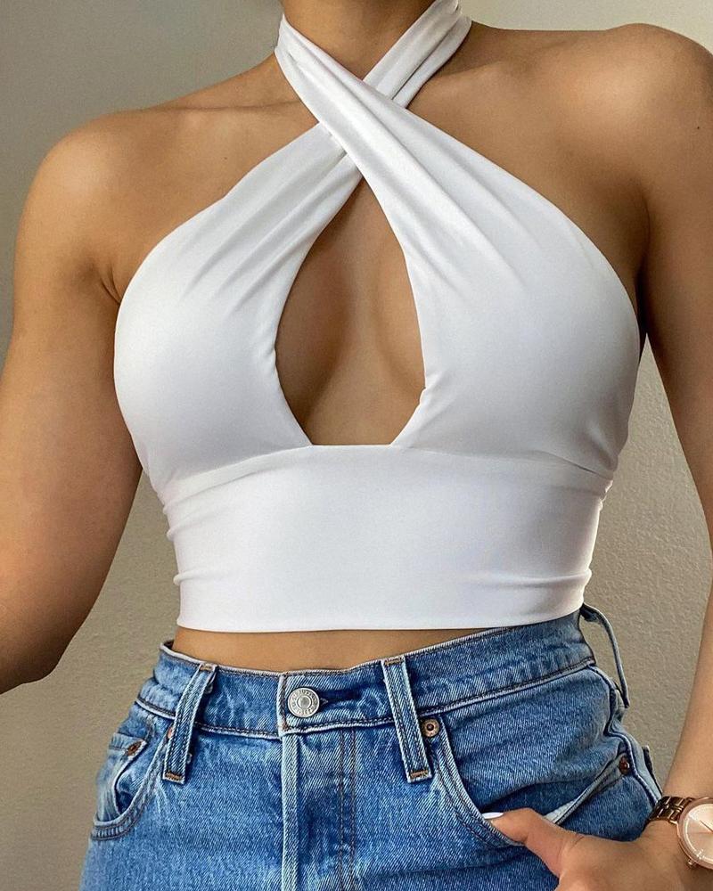 

Solid Color Halter Sleeveless Skinny Cropped Top, White