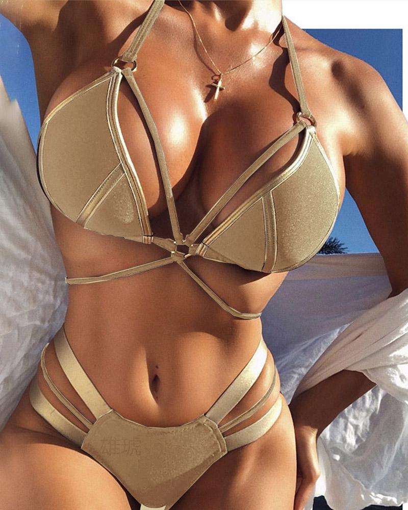 

Halter Contrast Piping Cutout Bikini Set, Nude