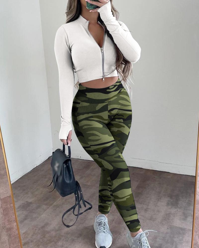 

Zipper Up Thumb Hole Crop Top & Camouflage Print Skinny Pants Set, Camoflage