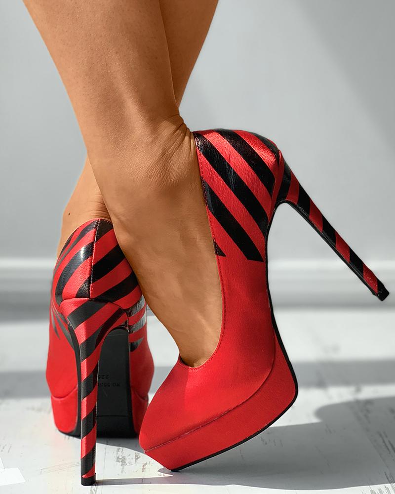 

Pointed Toe Striped Print Platform Stiletto Heels, Red