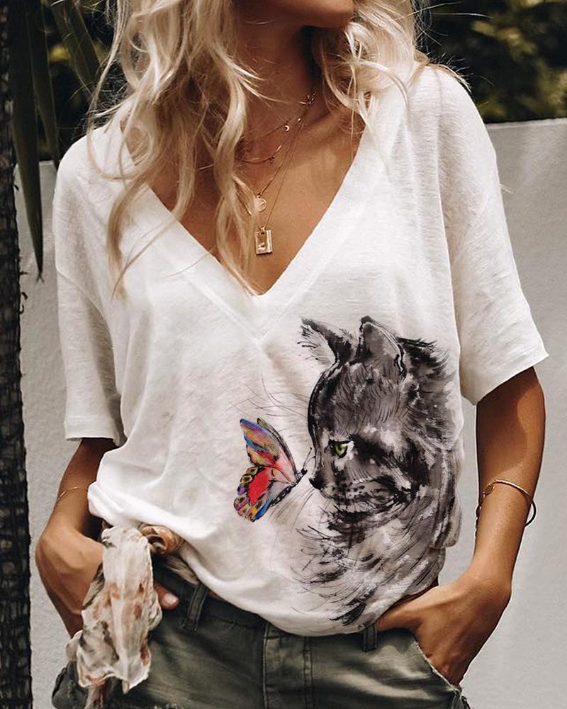 

Cat Butterfly Print Half Sleeve Casual T-Shirt, White