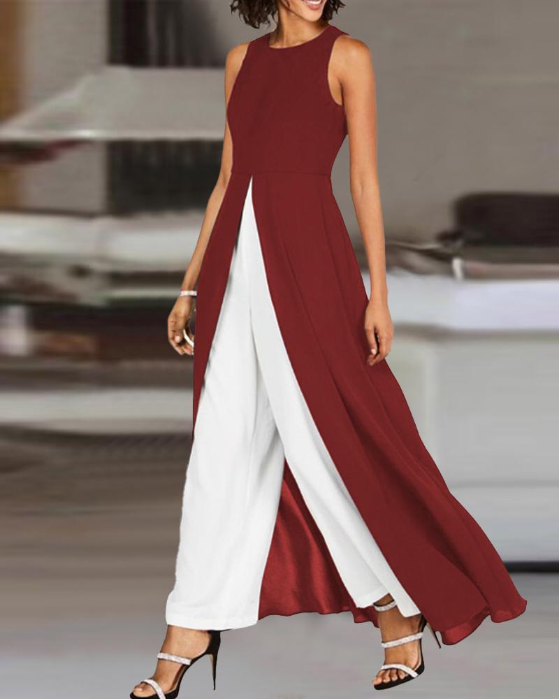 

Colorblock Patchwork Asymmetrical Ruched Jumpsuit, Red