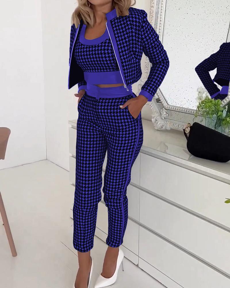 

Houndstooth Print Tank Top & Pants Set With Zipper Fly Jacket, Blue