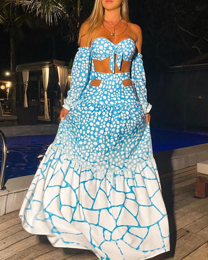 

Polkadot Print Ombre Off Shoulder Knotted Top & Cutout Maxi Skirt Set, Blue