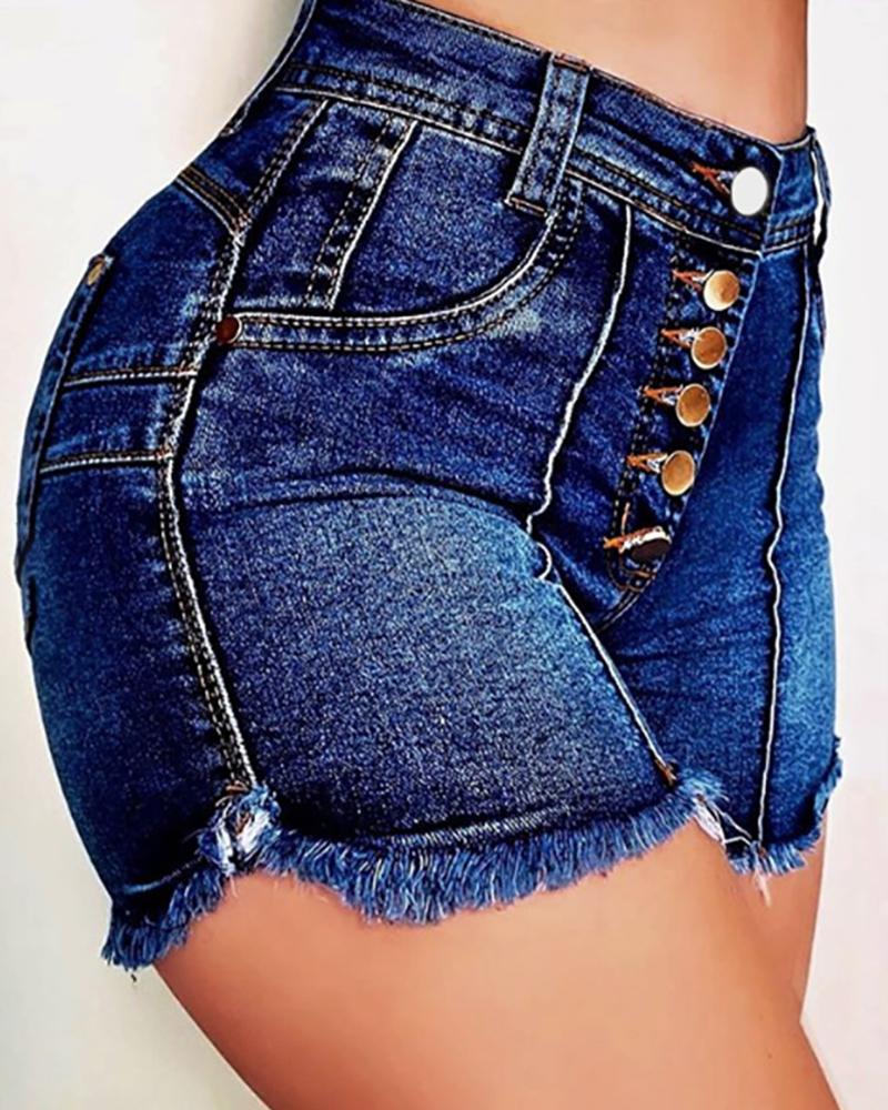 

Distressed Button Design Fringe Hem Denim Shorts, Dark blue