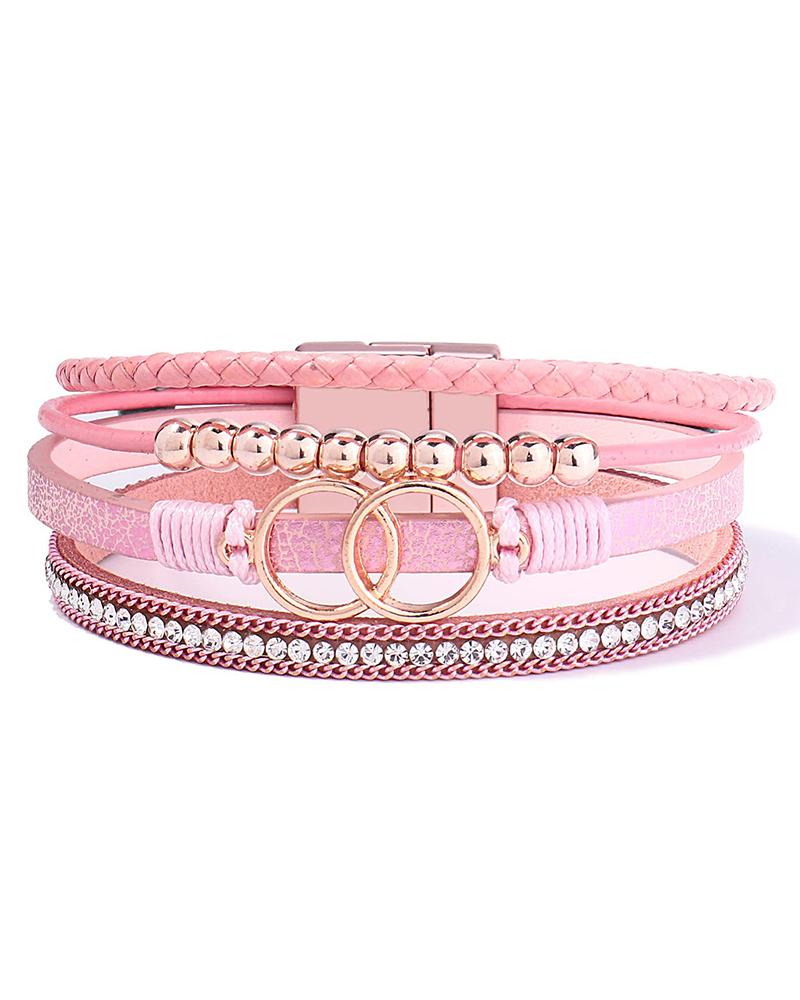 

1pc Bohemian Multi-layer Beaded Wide Magnet Bracelet, Pink