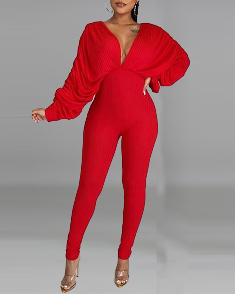 

Batwing Sleeve Plunge Tied Detail Jumpsuit, Red