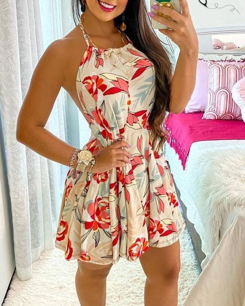 

Plants Print Halter Backless Mini Dress, Apricot