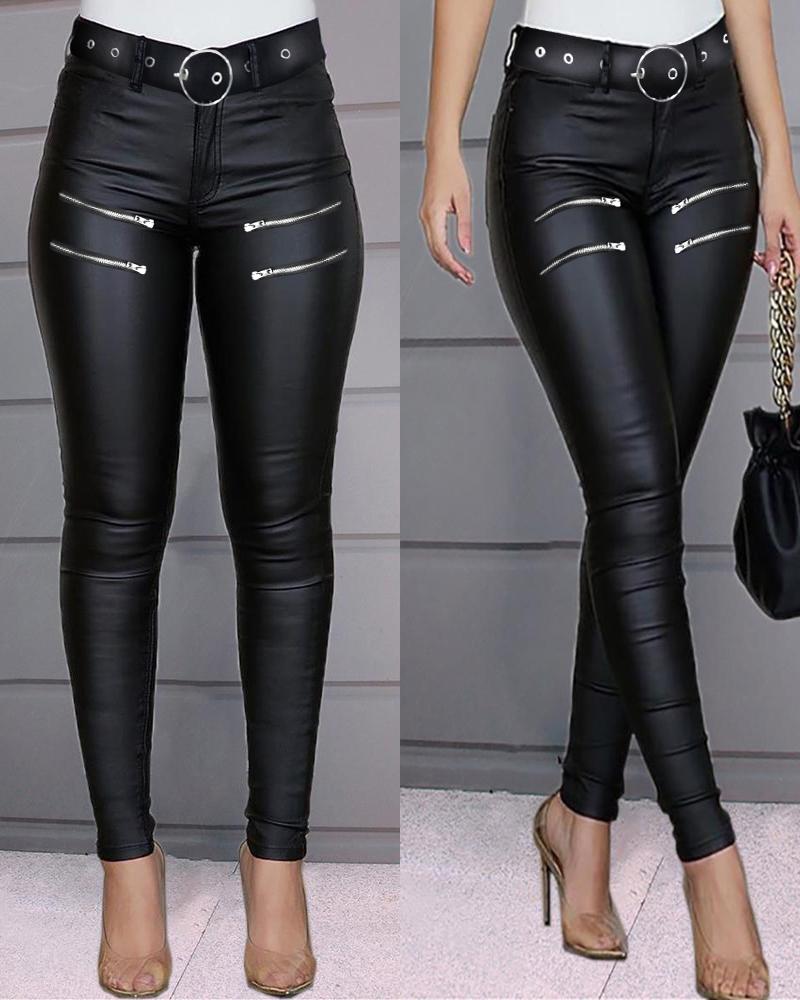 Zipper Design High Waist PU Leather Skinny Pants