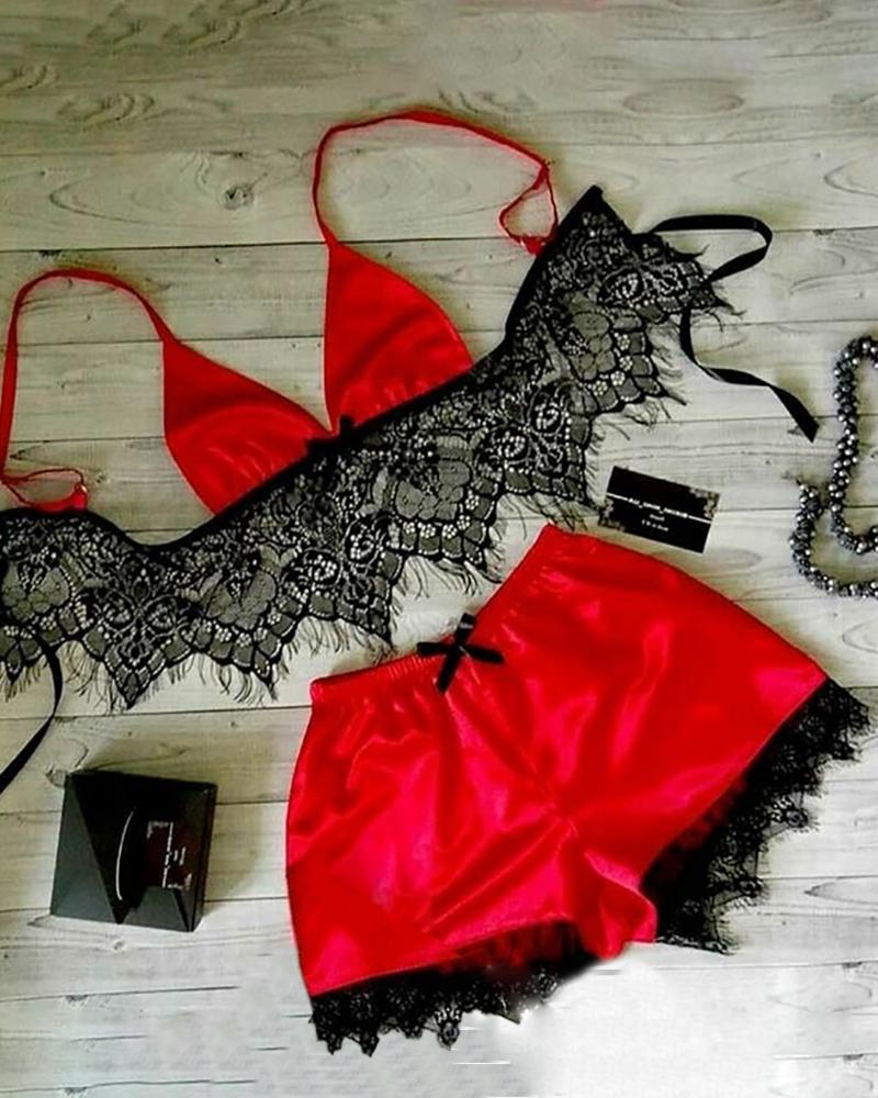 

Lace Trim Satin Cami Sets, Red