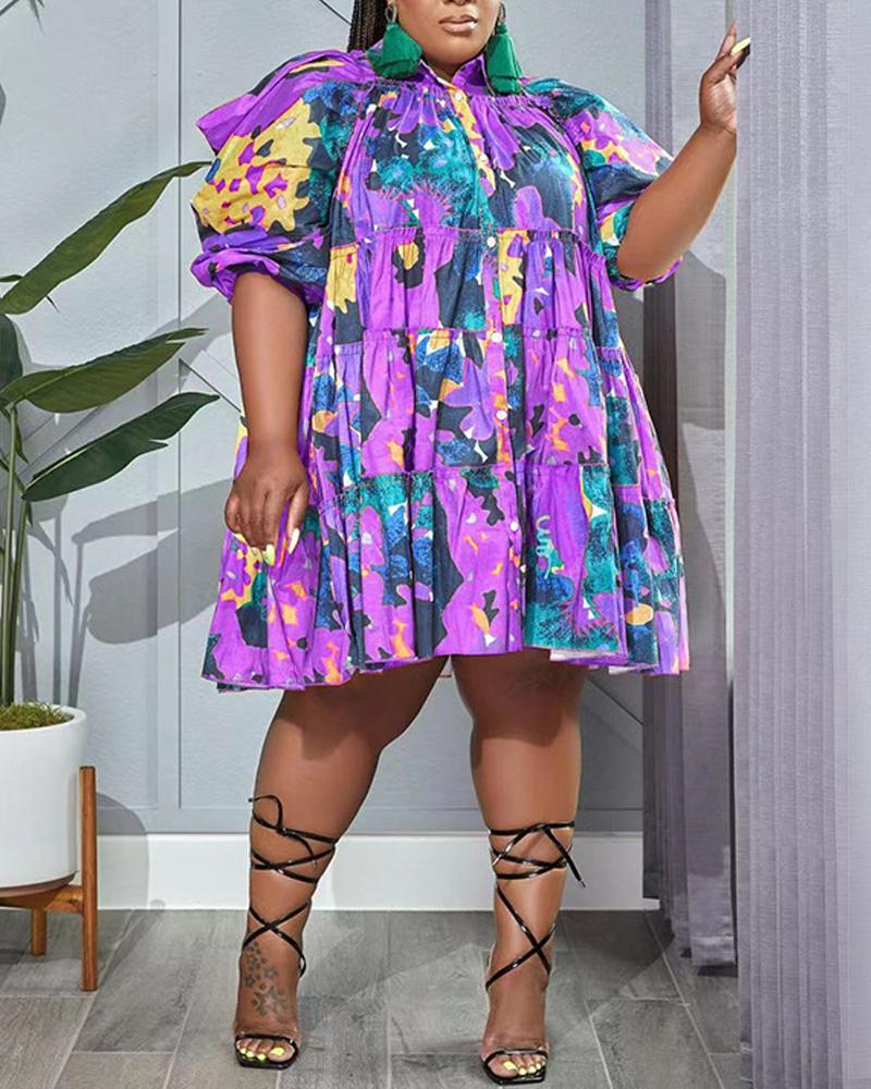 

Plus Size Allover Print Puff Sleeve Ruffle Hem Swing Dress, Purple