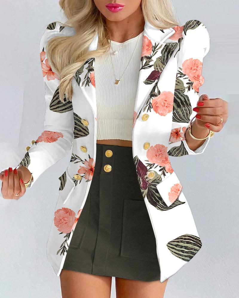 

Floral Print Puff Sleeve Double Breasted Blazer & Skirt Set, Army green