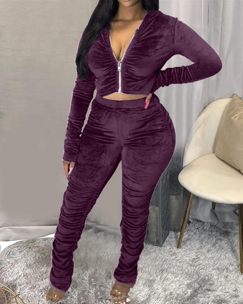 

Plain Zipper Design Long Sleeve Top & Pants Set, Purple