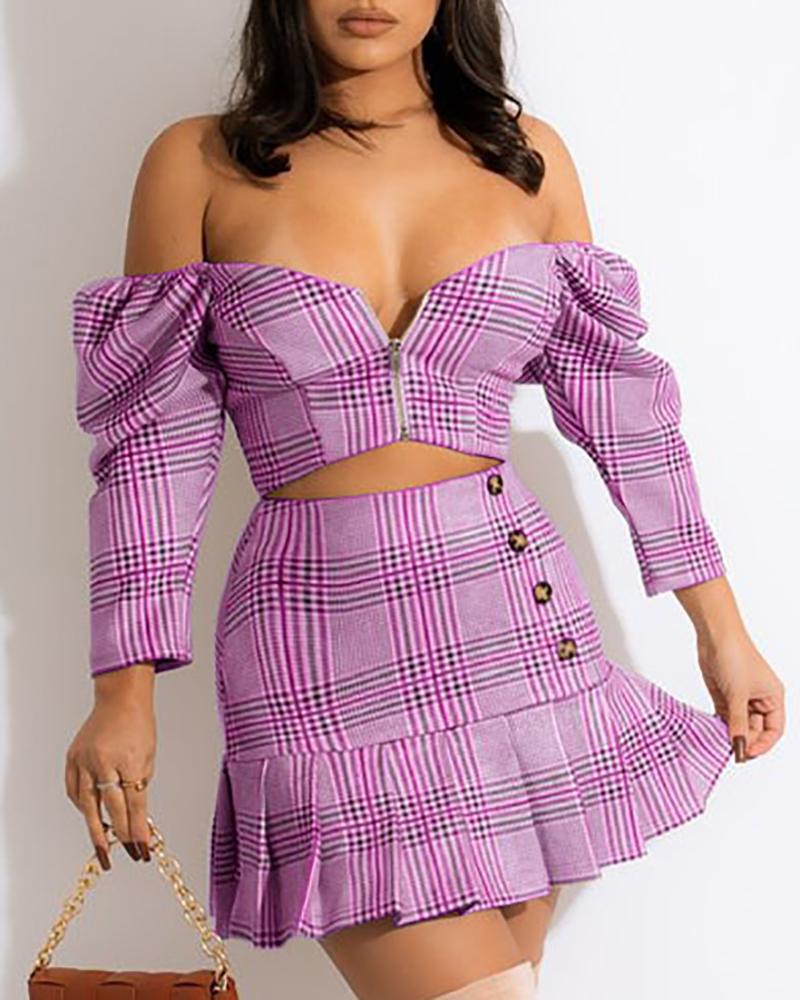 

Plaid Print Puff Sleeve Top & Ruched Skirt Set, Hot pink