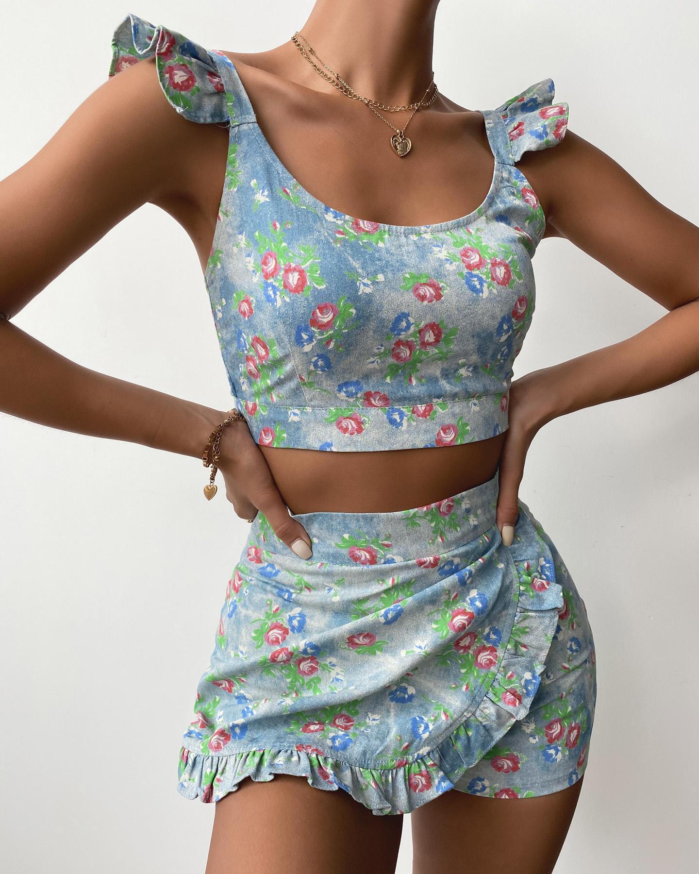 

Floral Print Ruffles Denim Top & Skorts Set, Blue