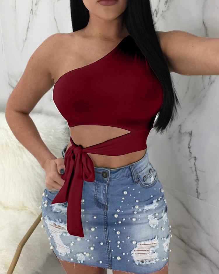 

Solid Color One Shoulder Tie Waist Cropped Top, Wine red