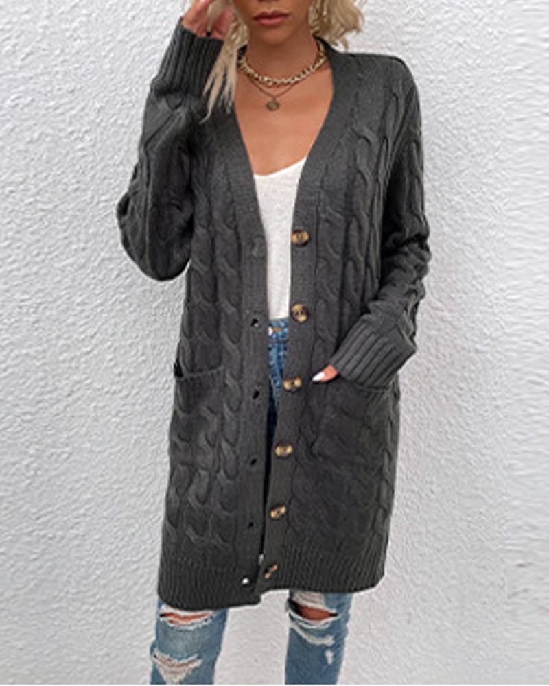 

Long Sleeve Button Up Cable Knit Cardigan, Dark grey