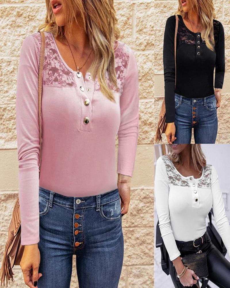 

Long Sleeve Crochet Lace Patch Button Front Top, Pink