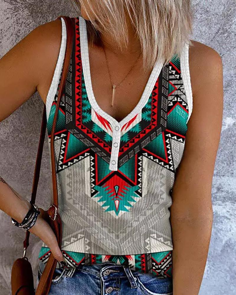 

Aztec Geometric Print Contrast Binding Tank Top, Multicolor