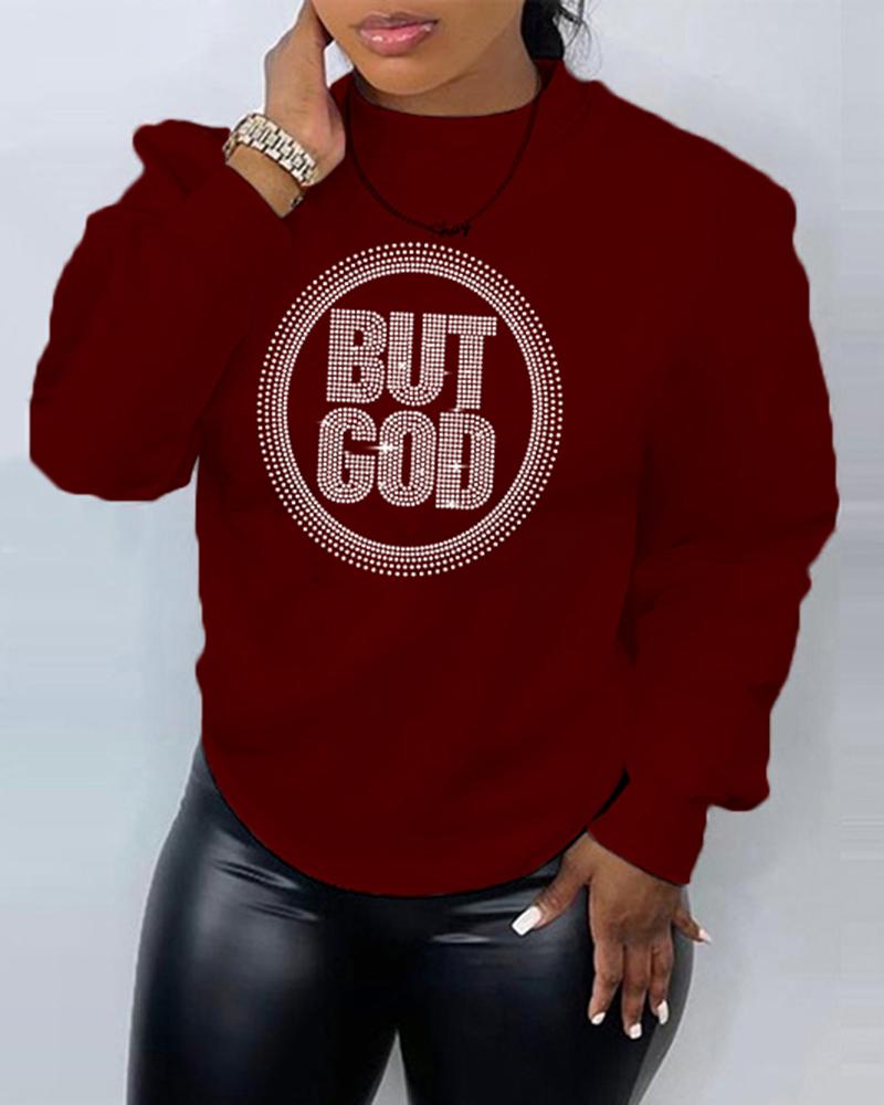 

Rhinestone Letter Pattern O-Neck Sweatshirt, Wine red