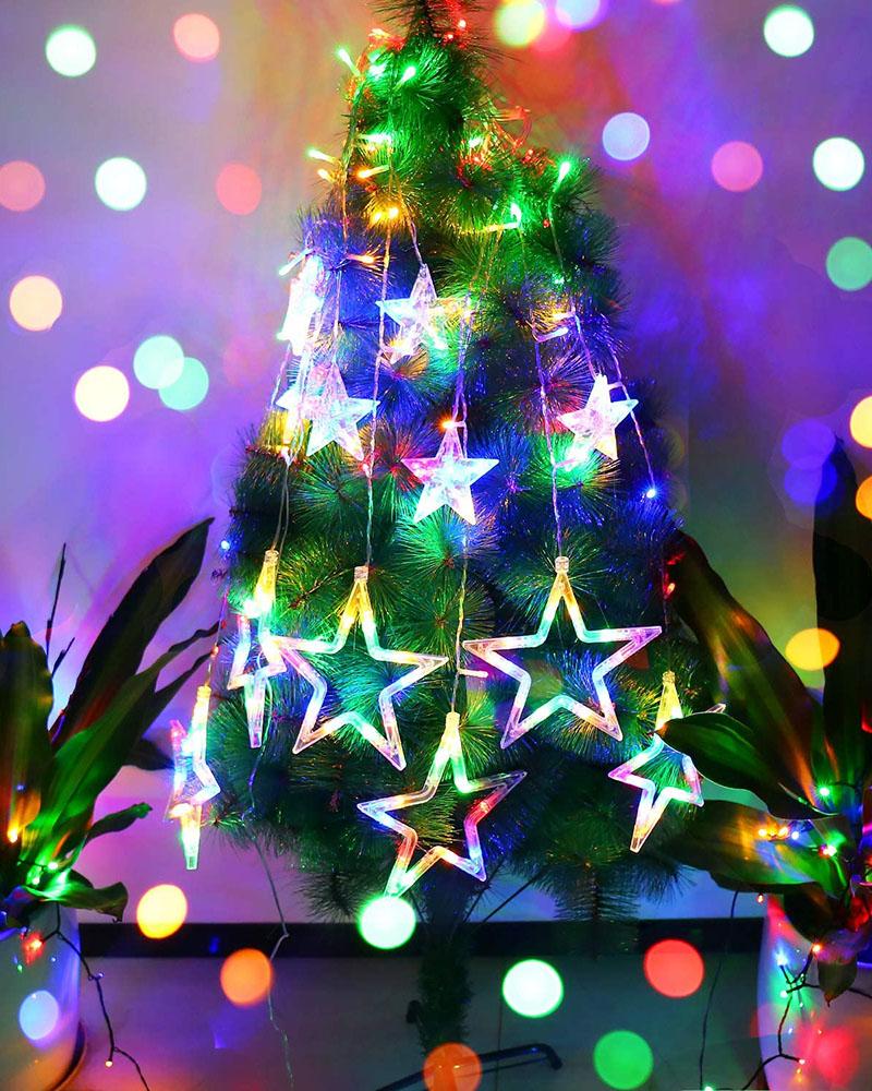 

Christmas Star Curtain Lights String Lamp Fairy Xmas Ornament For Party Gift Outdoor Indoor, Multicolor