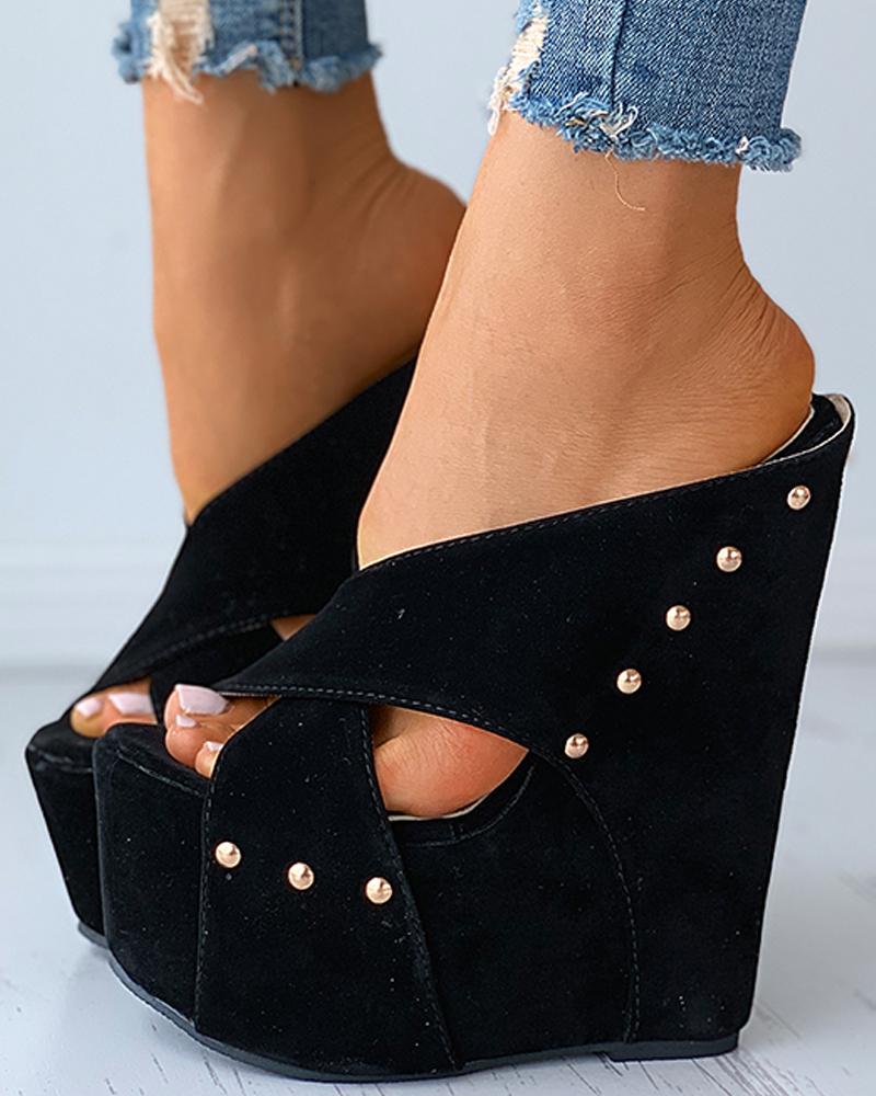 

Cutout Peep Toe Rivet Wedge Sandals, Black