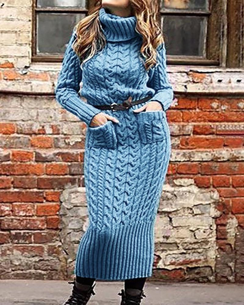 

High Neck Long Sleeve Braided Sweater Dress, Blue