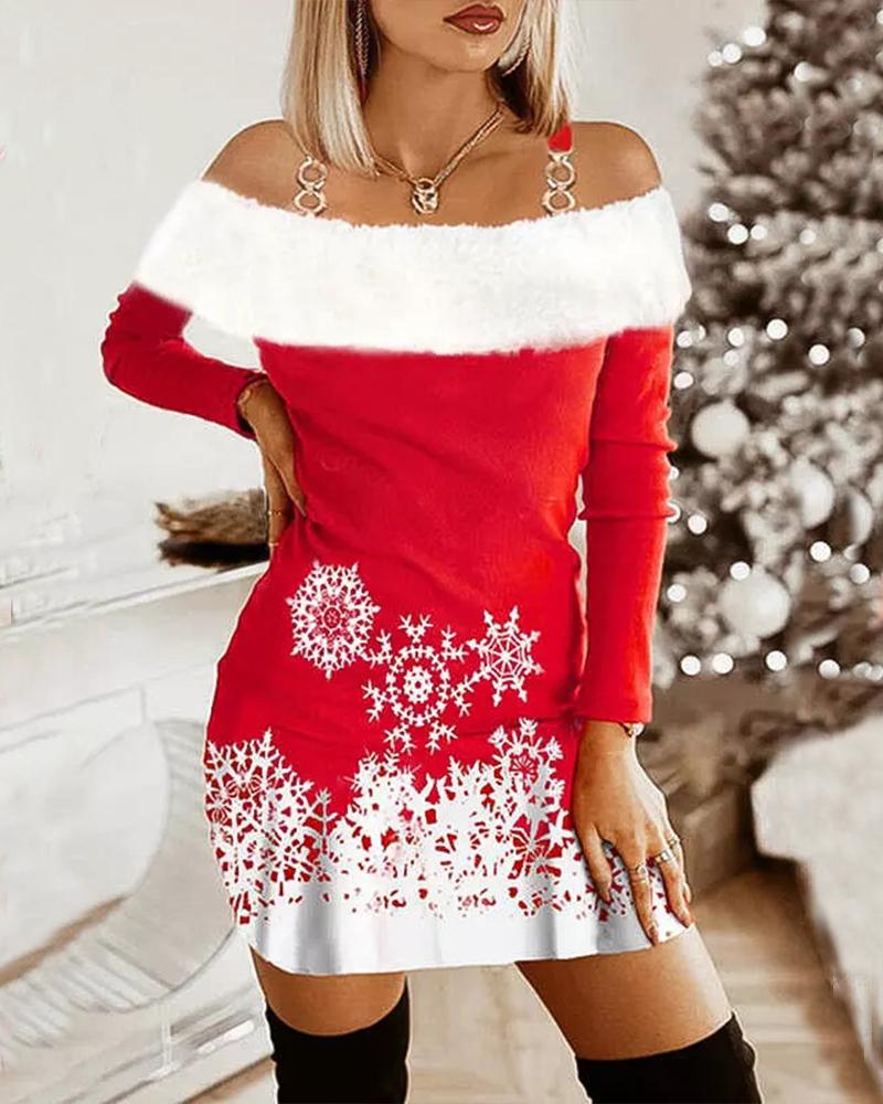 

Christmas Snowflake Print Fuzzy Trim Cold Shoulder Dress, Red