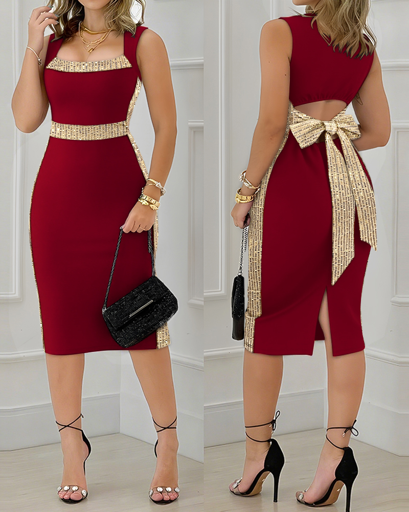 

Robe fendue mi-mollet à col carré sans manches et nœud papillon ajouré, Wine red