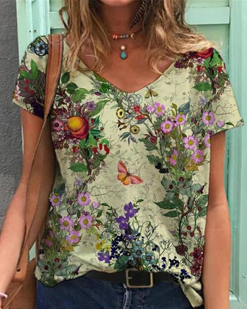 

Floral Print Short Sleeve V Neck Casual T-Shirt, Style3