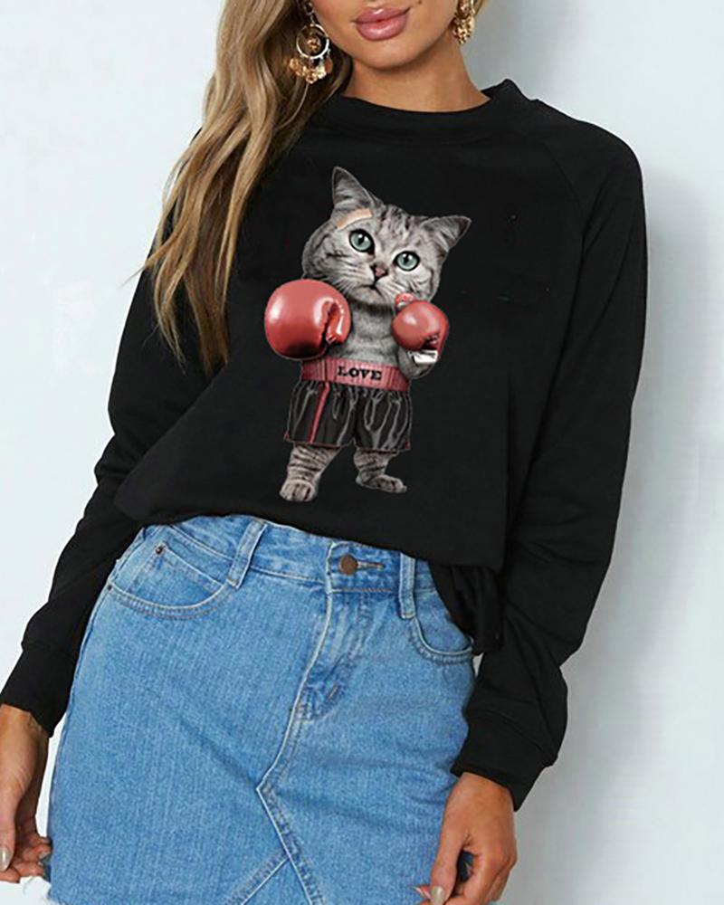 

Cat Print Long Sleeve Sweatshirt, Black