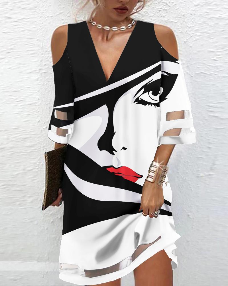 

Figure Print Cold Shoulder Casual Dress, Blackwhite