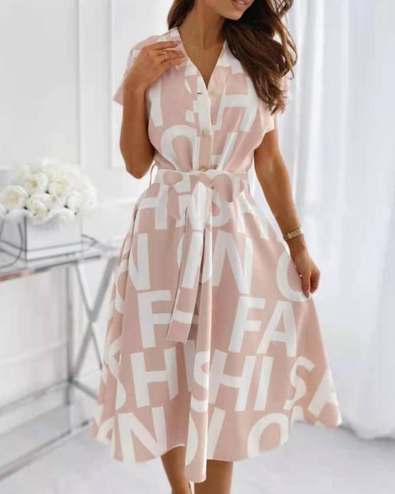 

Letter Print Button Front Short Sleeve Casual Dress, Pink