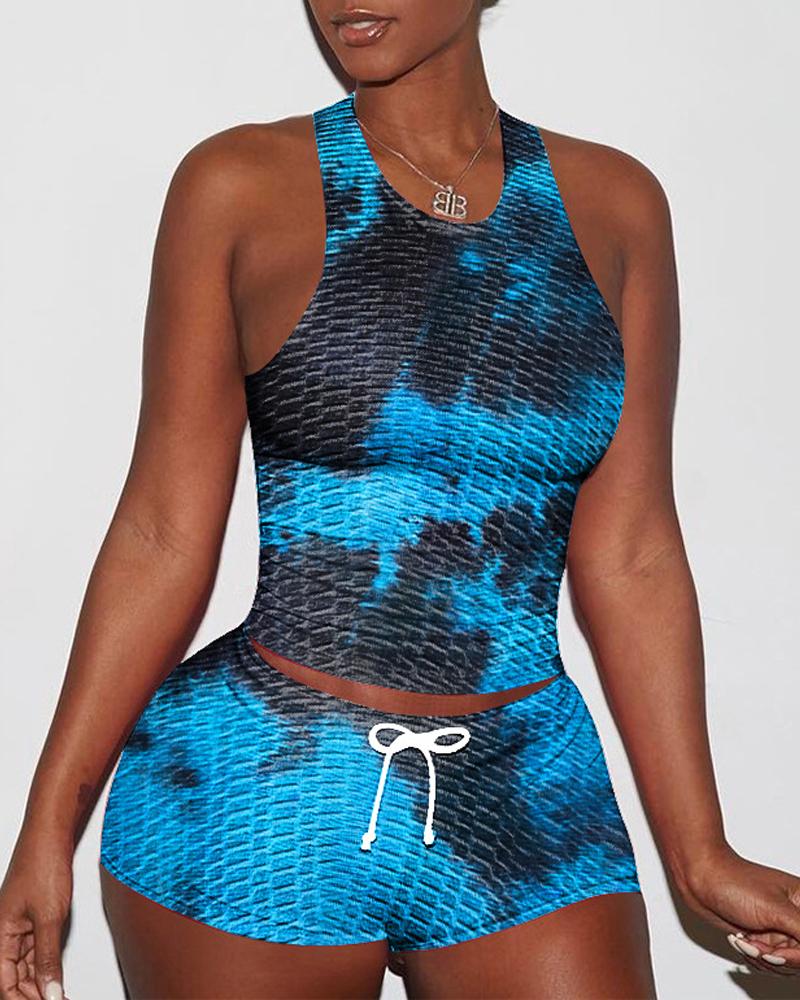 

Tie Dye Print Textured Drawstring Active Set, Blue