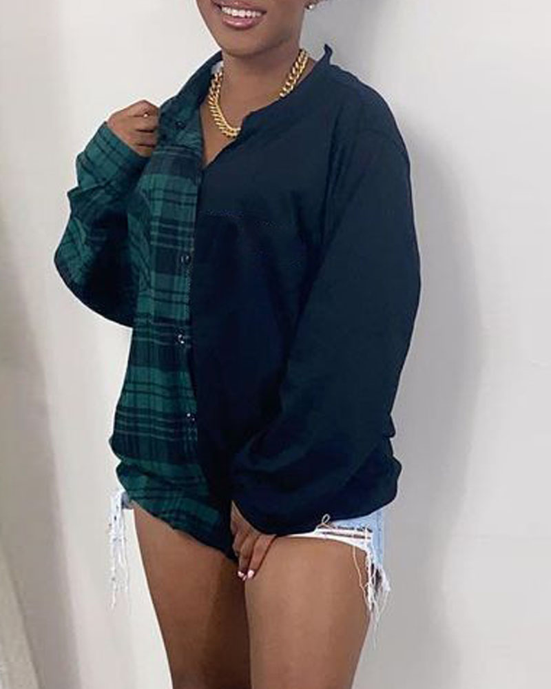 

Plaid Print Patchwork Button Down Shirt With Belt, Green
