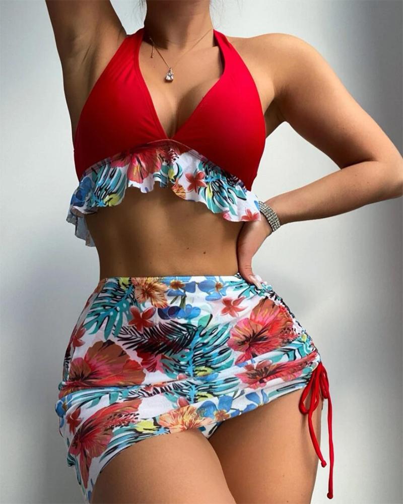 

3PCS Tropical Print Ruffle Hem Bikini Set With Cover Up, Hot pink