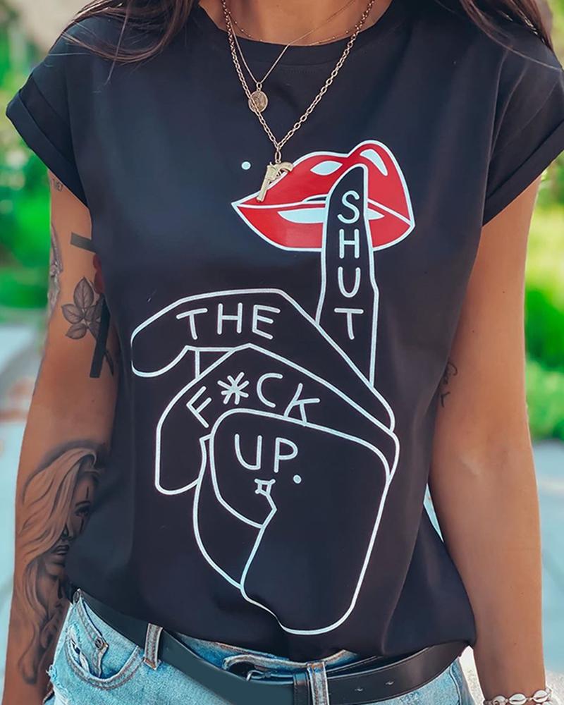 

Letter Hand Lip Print Casual Top, Black