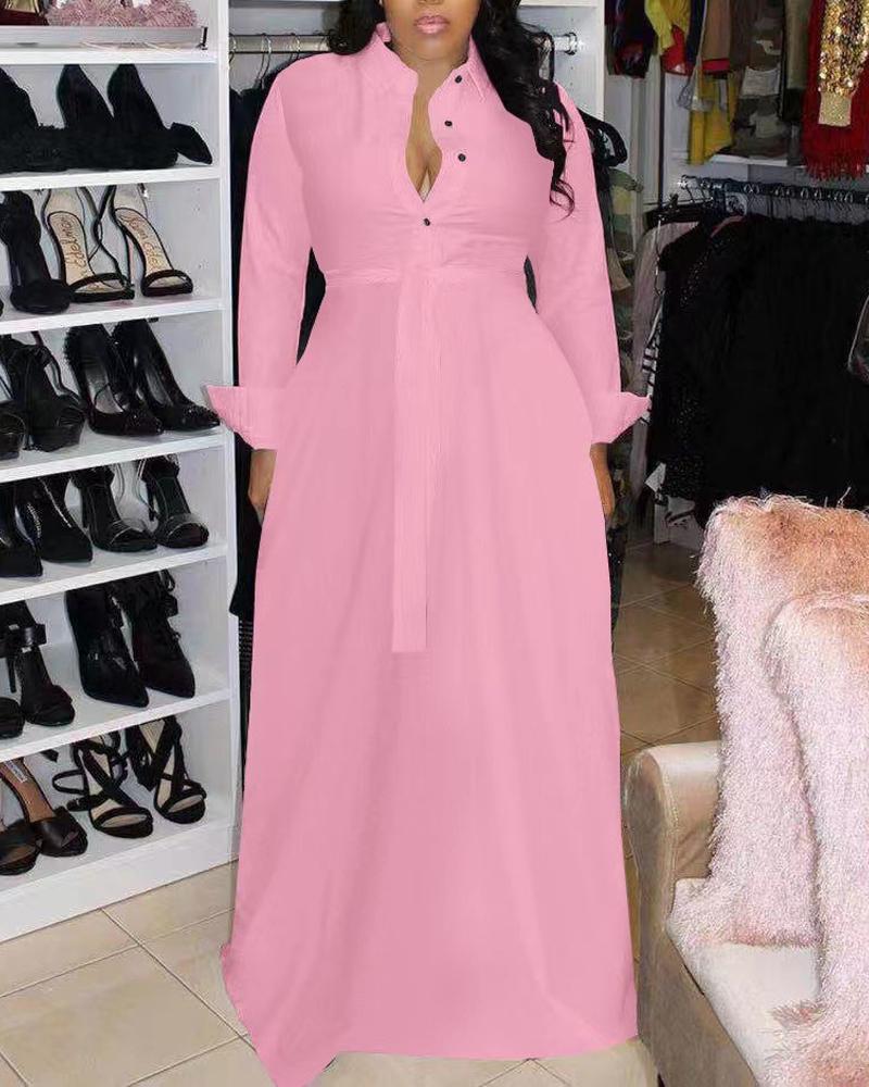 

Long Sleeve Button Front Belted Shirt Dress, Pink