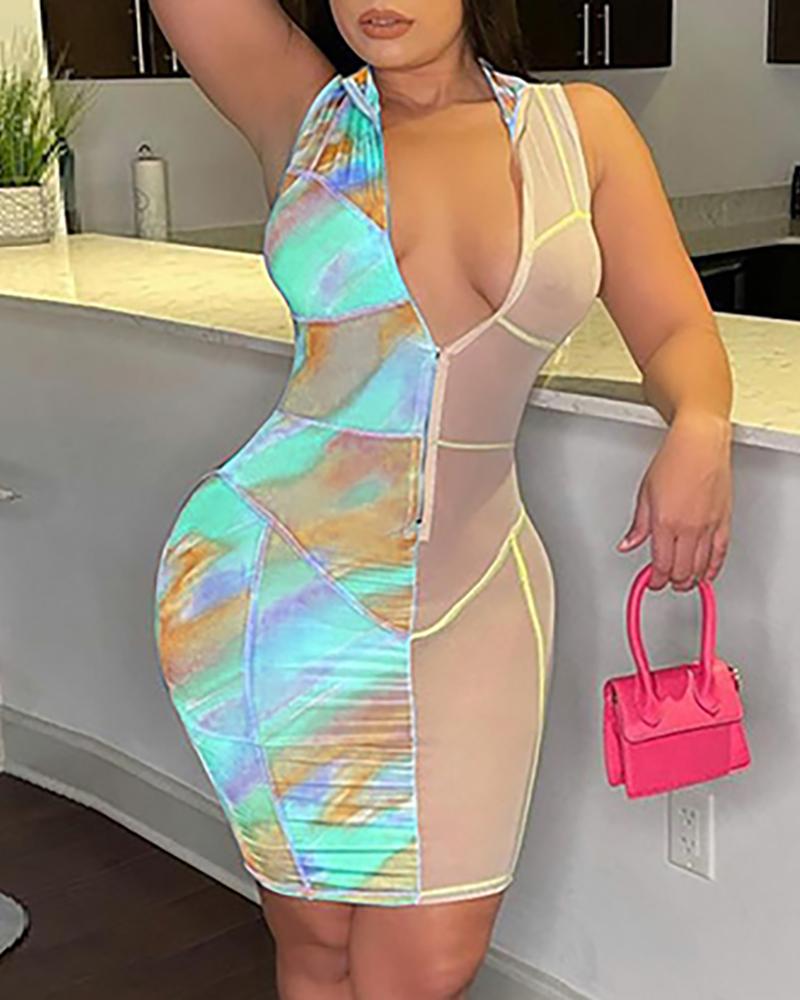 

Sleeveless Colorblock Zipper Design Bodycon Dress, Blue