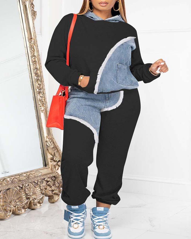 

Plus Size Colorblock Hooded Sweatshirt & Cuffed Sweatpants Set, Black