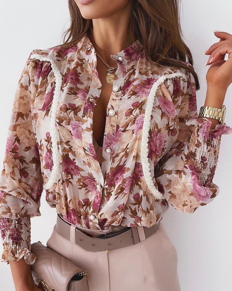 

Floral Print Button Design Long Sleeve Blouse, Purple