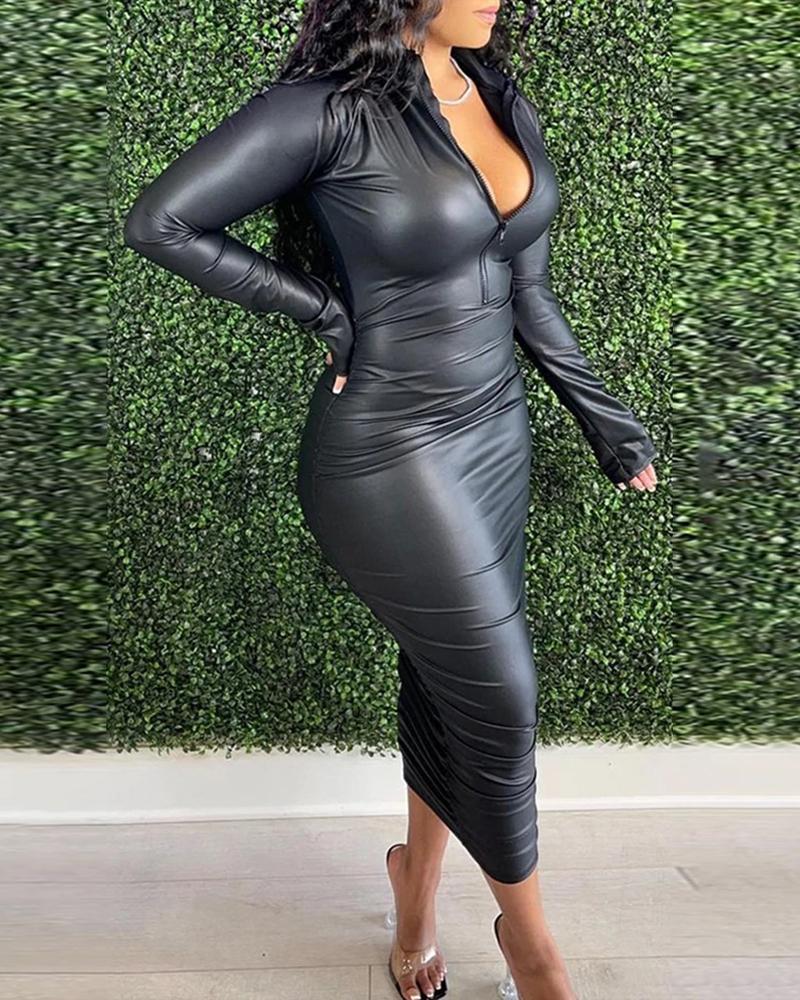 

PU Leather Long Sleeve Ruched Bodycon Dress, Black