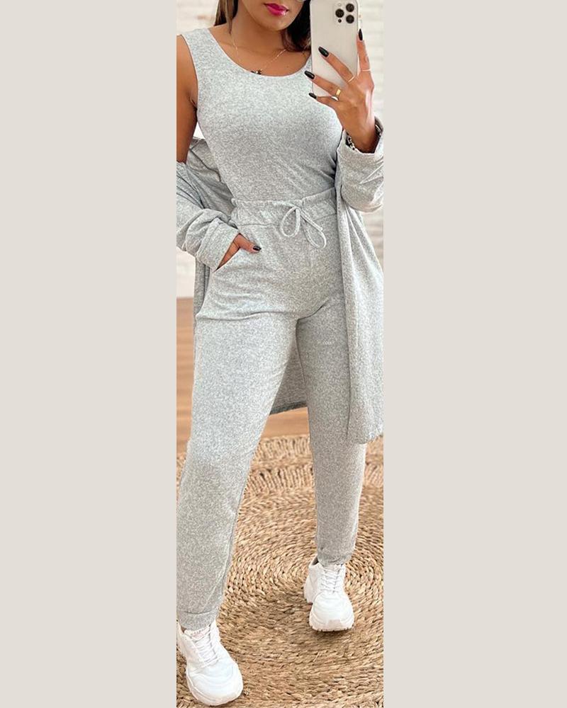 

Scoop Neck Tank Top & Drawstring Pants Set With Coat, Gray