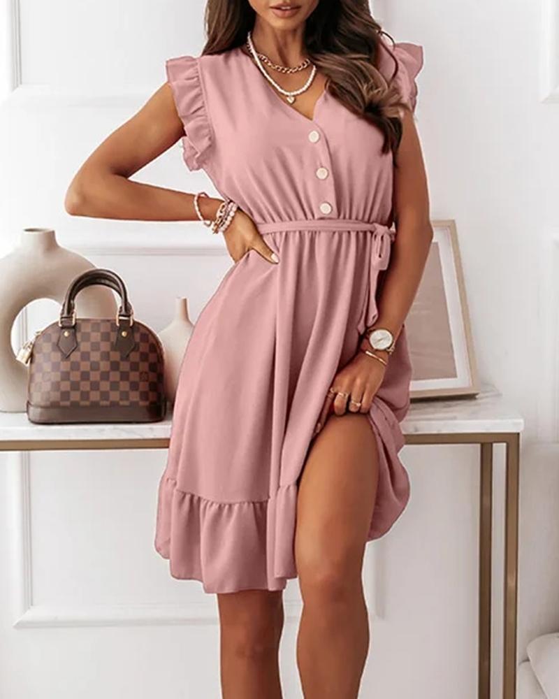 

Solid Color V-Neck Ruffle Hem Self Tie Dress, Pink
